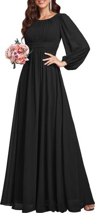 Ever-pretty Womens Long Sleeve Ruched Belt Chiffon Long Formal Dresses Black 12UK