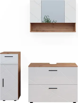 Vicco Conjunto De Muebles De Ba&ntilde;o Irma, Blanco Brillo Intenso/roble Dorado, 3 Piezas, Con Cajonera Y Mueble Midi