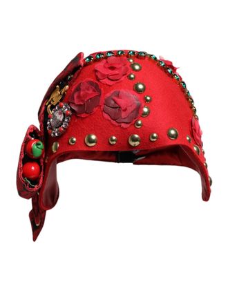 Dolce & Gabbana Womens Red Crystal Gold Roses Brooch Embellished Hat