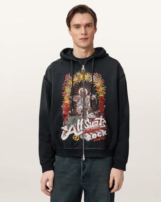 AllSaints Cotton Roque Zip Up Graphic Hoodie, Size: XXL