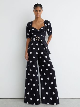 Reiss Linen Polka-dot Wide-leg Jumpsuit, 12
