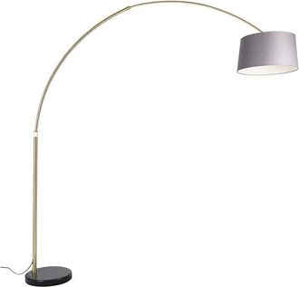 QAZQA Arc Lamp Brass with Marble and Grey Fabric Lampshade 45 cm - xxl