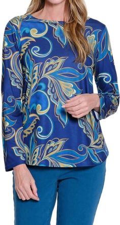 Multiples Shaped Hem Long Sleeve Scoop Neck Top In Blue