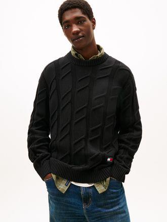 Tommy Jeans Rundhalspullover TOMMY JEANS TJM REG CHUNKY CABLE, Herren, Gr. 3XL, schwarz, Strick, Obermaterial: 100% Baumwolle, regular fit, Rundhals, Rippb&uuml;ndchen