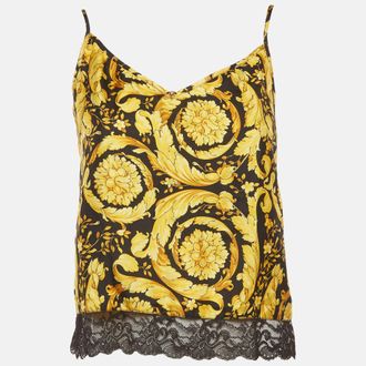 Versace Black/yellow Barocco Print Silk Camisole