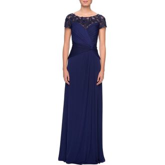 La Femme Jersey Dress with Ruching and Floral Neckline in Navy at Nordstrom, Size 10