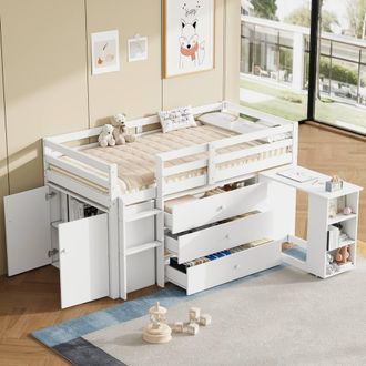 Merax Single Cabin Bed, Mid Sleeper Bed with Pull Out Desk, Drawers, Cabinet in White