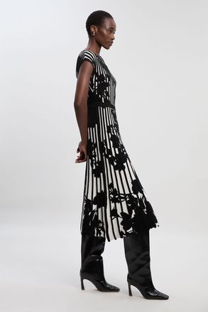Karen Millen Womens Floral Jacquard Knit Full Skirted Midi Dress - Monochrome Multi - Size X-Small