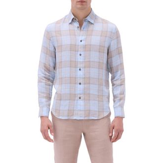 Bugatchi Julian Plaid Slub Linen Button-Up Shirt in Sky at Nordstrom Rack, Size Medium