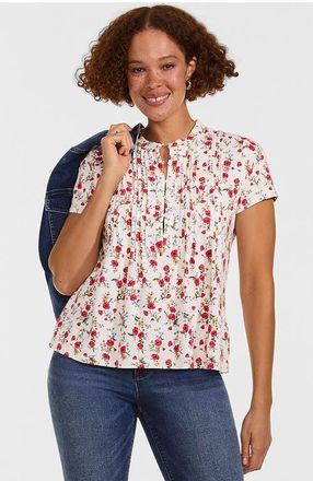 Lands End Short Sleeve Lightweight Jersey Button Pintuck Top in Ivory Mini Poppy Floral at Nordstrom, Size Xx-Small