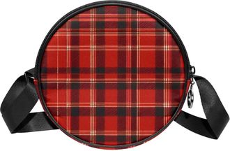 Generic Circle Crossbody Bag for Women, Red Retro Plaid Small Sling Bag Daypack with Zipper Adjustable Shoulder Straps Casual Ladies Girls Round Purse