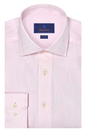 David Donahue Trim Fit Herringbone Linen Dress Shirt in Pink at Nordstrom, Size 15.5 - 32
