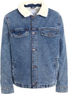Topman Topman borg collar denim jacket in mid wash blue