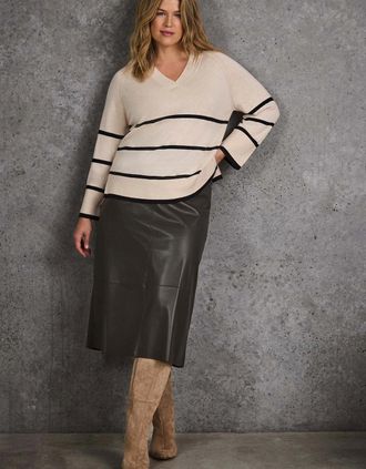 Live Unlimited London Womens Khaki Faux Leather Seam Detail Midi Skirt - Green - Size: 24