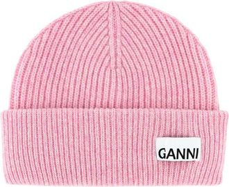 Ganni Light Pink Logo Beanie Hat