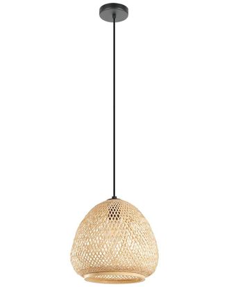 Eglo Eglo Dembleby 1 Light Pendant With Black Finish & Natural Wood Dome Shaped Shade
