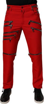 Dolce & Gabbana Mens Red Zipper Embellished Straight Pants Polyester