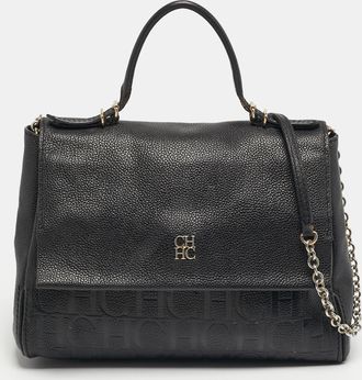 Carolina Herrera Minuetto Flap Black Monogram Embossed Leather Top Handle Bag