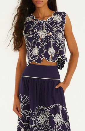 Farm Rio Richelieu Floral Embroidered Top in Blue at Nordstrom, Size Xx-Small