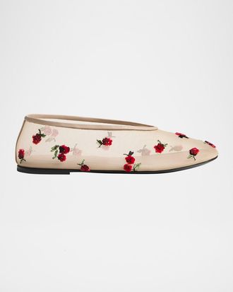 Khaite Mercy Raspberry-Embellished Mesh Flats