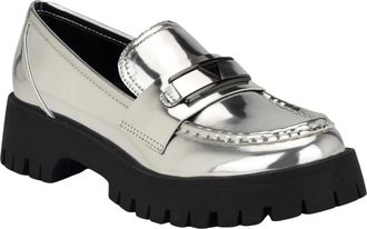 Guess Tracers Loafer WomensM Silver Mirror Leather Lug Sole Slip On Hawk2836
