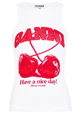 Ganni Cherry Printed Cotton Tank top - White - S (UK8-10 / S)