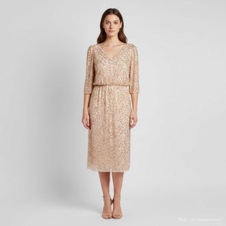 Jenny Packham Pink-Gold Chiffon Sequin Embellished Midi Dress