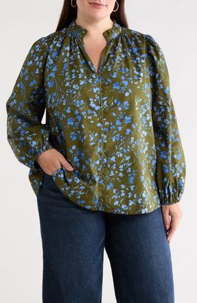 Sugarlips Solvay Floral Nellian Ruffle Collar Button-Up Shirt in Green-Blue-Multi at Nordstrom, Size 2X