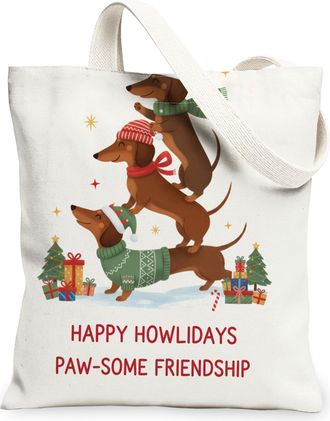 Generic Happy Howlidays Canvas Tote Bags, Cute Dog Pattern Reusable Grocery Bags, Winter Holiday Lightweight Washable Shoulder Stra, White, 13x15 Inch