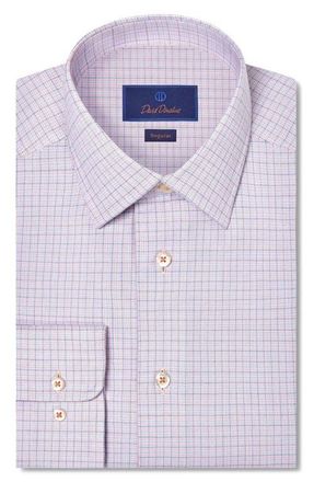 David Donahue Regular Fit Micro Dobby Check Shirt in Blue/melon at Nordstrom, Size 17.5