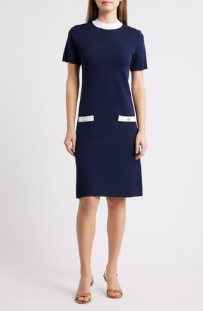 Eliza J Mock Neck Short Sleeve Sweater Dress in Navy at Nordstrom, Size Xx-Large