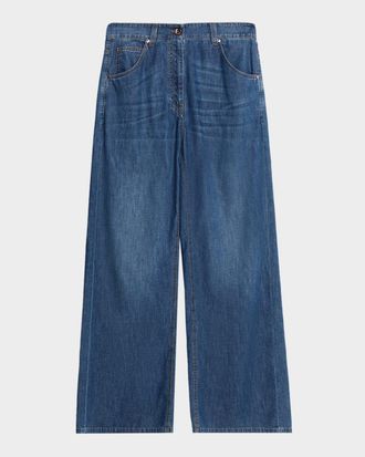 Brunello Cucinelli Lightweight Denim Wide-Leg Jeans With Monili Trim