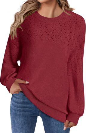 Zeagoo Womens Jumper Casual Lantern Long Sleeve Crewneck Sweaters Solid Color Crochet Knit Loose Pullovers Tops Wine Red XXL