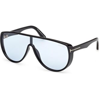 Tom Ford Achilles 138mm Shield Sunglasses in Shiny Black /Blue at Nordstrom