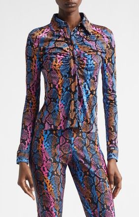 Versace Python Print Liquid Jersey Button-Up Shirt in Sky Pink Sapphire Spice at Nordstrom, Size 10 Us