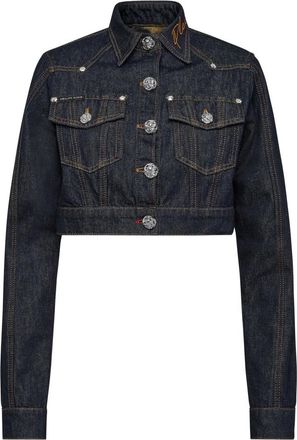 Philipp Plein Jassen, Dames, Blauw, L, Denim, Denim Cropped Jacket Chains