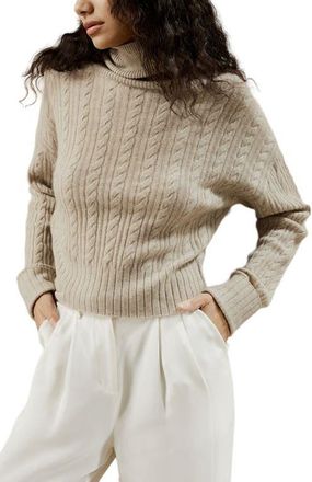 LilySilk Classic Cable Knit Turtleneck Sweater in Beige at Nordstrom, Size Medium