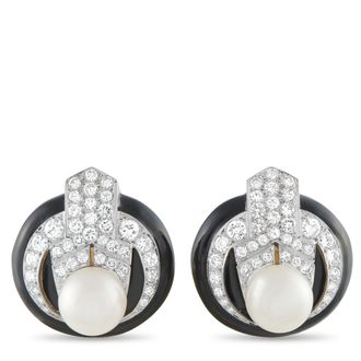 Luxury Bazaar 14K Yellow Gold 2.0 ct Diamond and Enamel Pearl Clip-On Earrings MF34-011626