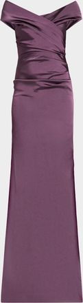 Teri Jon Pleated Off-Shoulder Satin Column Gown