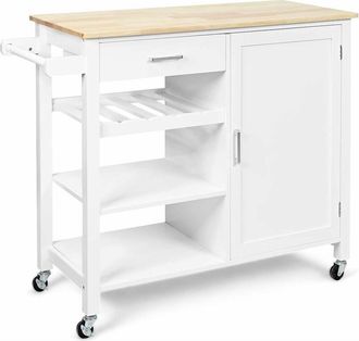 Costway Carrello da Cucina con Ruote, Credenza Cucina con Cassetto Portabottiglie e Portasciugamani, Carrello Servizio in Legno, 100x48x90 cm (Bianco)