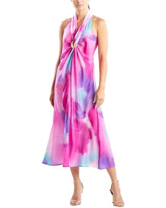 Natori Watercolor Sheer Texture Halter Maxi Dress