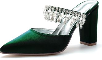 Generic Wedding Bridal Shoes Womens Block Heel Wedding Shoes Pointed Toe Bridal Heels Slingback Satin Prom Party Dress Pumps 9Cm,Dark Green,10 UK