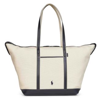 Polo Ralph Lauren Tote Bags, female, Beige, Size: ONE SIZE Leather-Trim Canvas Large Shopper Tote