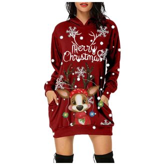 Generic Women Ugly Sweater Dress Novelty Reindeer Snowflakes Knitted Ladies Xmas Dress Womens Christmas Sweater Christmas Cardigan Novelty Reindeer Snowflakes