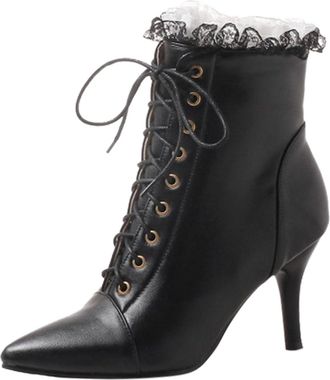 Generic Womens Winter Fashion Pointed Toe High Heel Ankle Boots with Lace Up Design and Side Zipper for Stylish Comfort (Black, 6.5)