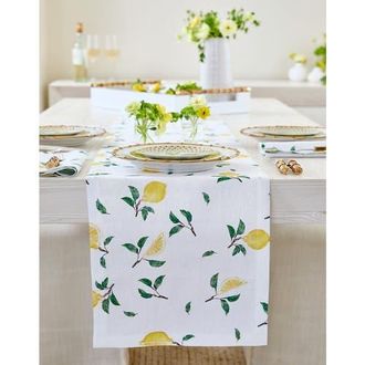 Solino Home Linen Table Runner for Dining Table, Holiday and Everyday Table Decor - Botanical Lemon in Botanical Lemon/white at Nordstrom, Size Medium