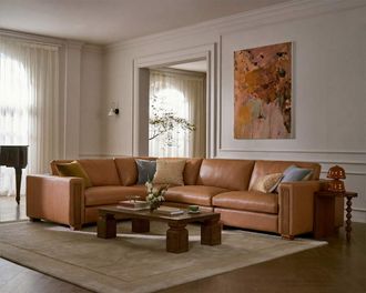 Castlery Tan France Kagan Leather 4-Piece Chaise Sectional Couch, (Marche) Cocoa, Modern Heritage Modular Sofa, American Top-Grain Leather, Brown