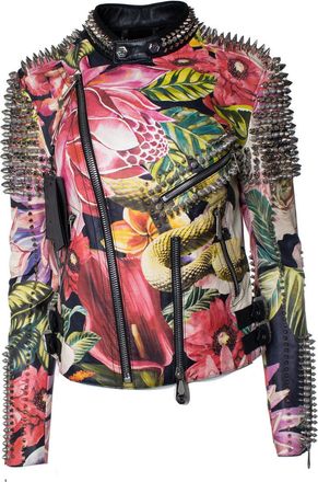 Philipp Plein Philipp Plein, floral leather biker jacket