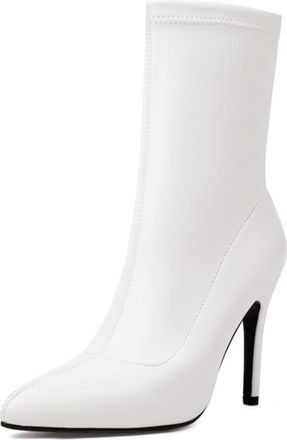 Generic Womens Elegant Ankle Boots with Shiny Metallic Finish Pointed Toe Stiletto Heel Elastic Sock Fit and Side Zipper for Party Nights,White,8.5 UK