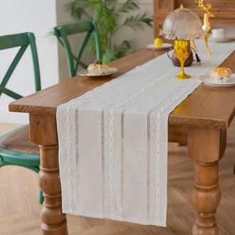 OEM Camino De Mesa R&uacute;stico De Algod&oacute;n Y Lino, Decoraci&oacute;n Hueca Bordada De Temporada Para Mesa De Comedor O Cocina, Color Gris Azulado, 35 X 180 Cm
